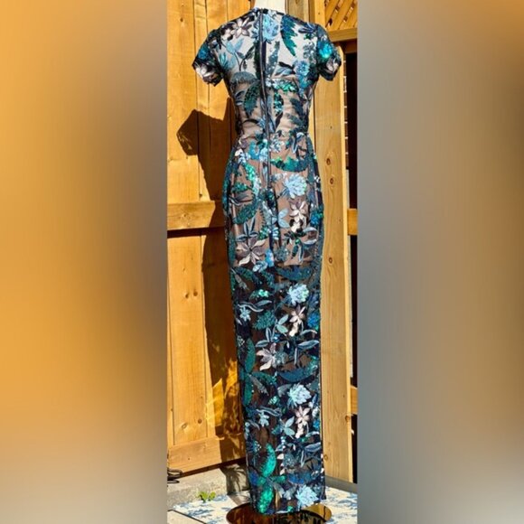 🆕BRONX & BANCO🧿NWOT Zinnia Side-Split Sequin Embroidered Gown, Navy, Sz XS US2 - Picture 7 of 14